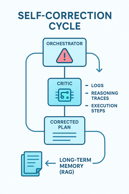 Diagrama de flujo del ciclo de autocorrección de un Agente de IA, mostrando el bucle de razonamiento, acción y reflexión tras un fallo.